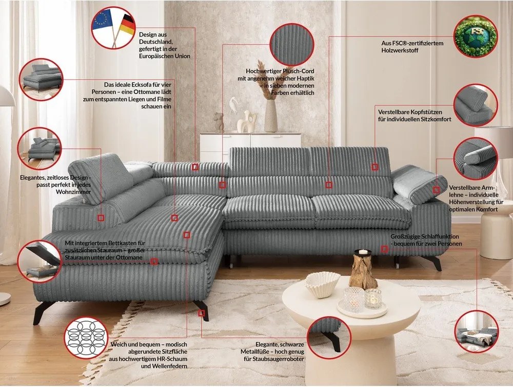 Szary sztruksowy narożnik (lewostronny/w kształcie litery L) Marbeya – Ropez