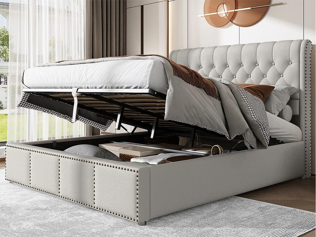 Łóżko tapicerowane lniane - ozdobione nitami - z stelażem na listwy - 160x200cm - Jasnoszare