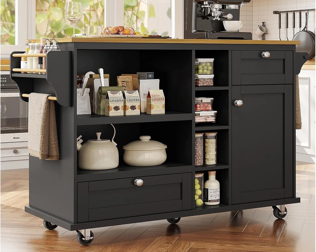 Wyspa kuchenna - 2 szuflady i 8 przegród - MDF - Czarny