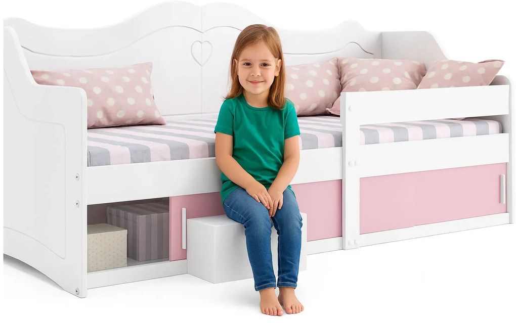 Biało różowe łóżko dla dziewczynki ze schowkiem A4-A62