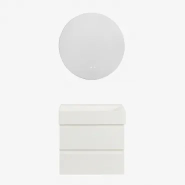 Zestaw Wiszących Mebli Łazienkowych Z Drewna I Forniru Jesionowego Zintegrowany Z Umywalką Ona Biała & Okrągła - Sklum