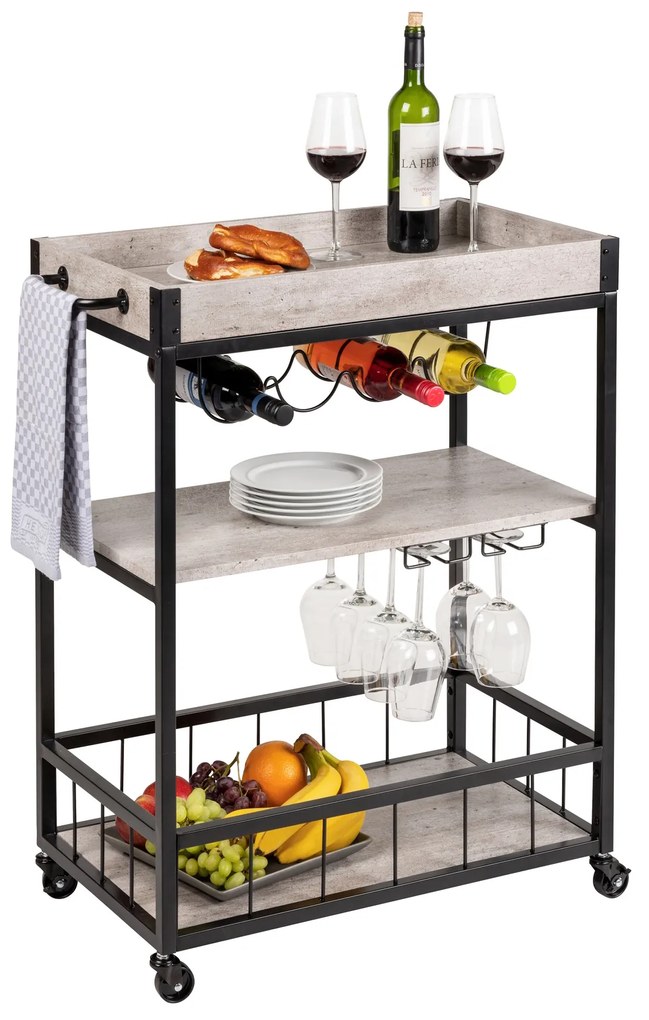 Wózek kuchenny RUSTICO, trójpoziomowy regał na kółkach z uchwytami na butelki i kieliszki - 80 x 89,5 x 40 cm, WENKO
