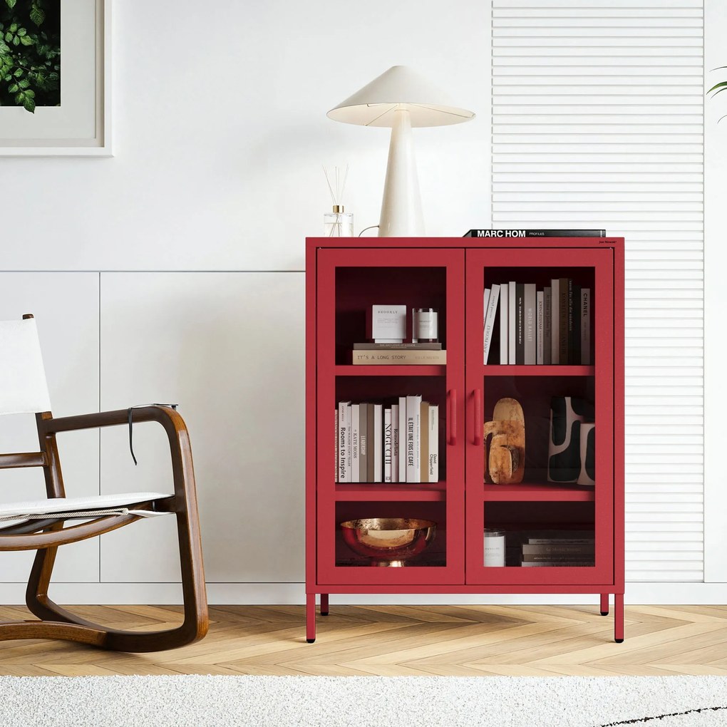 Witryna przeszklona niska czerwona: Modern GINA, 800 x 1015 x 400 mm