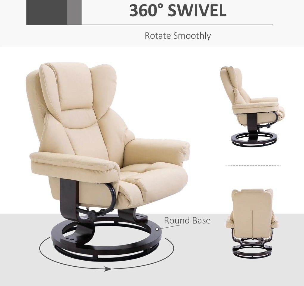 HOMCOM Fotel wypoczynkowy z Hockerem obrotowy do 160 kg ekoskóra rama metalowa kremowy | Aosom PL