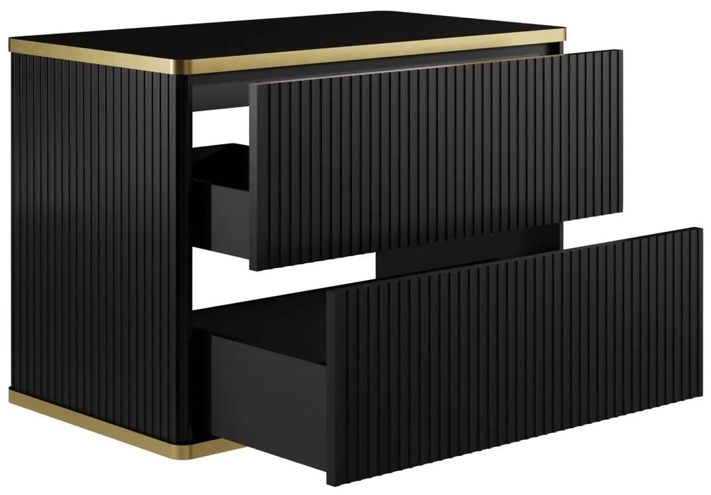Szafka łazienkowa pod umywalkę ryflowana ze złotą listwą - Czarny - szer. 80 cm - KELIZA