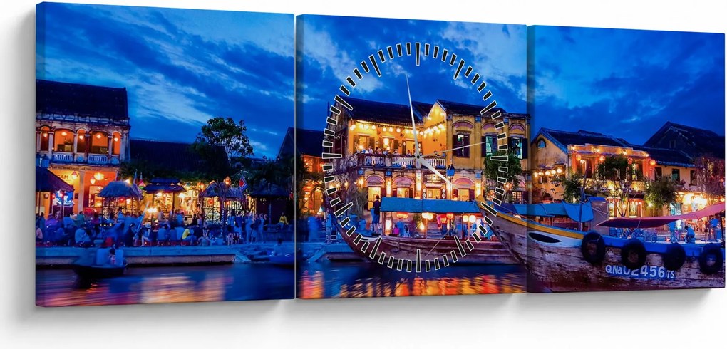 Obraz nocnego miasta Hoi An w Wietnamie (z zegarem) (90x30 cm)