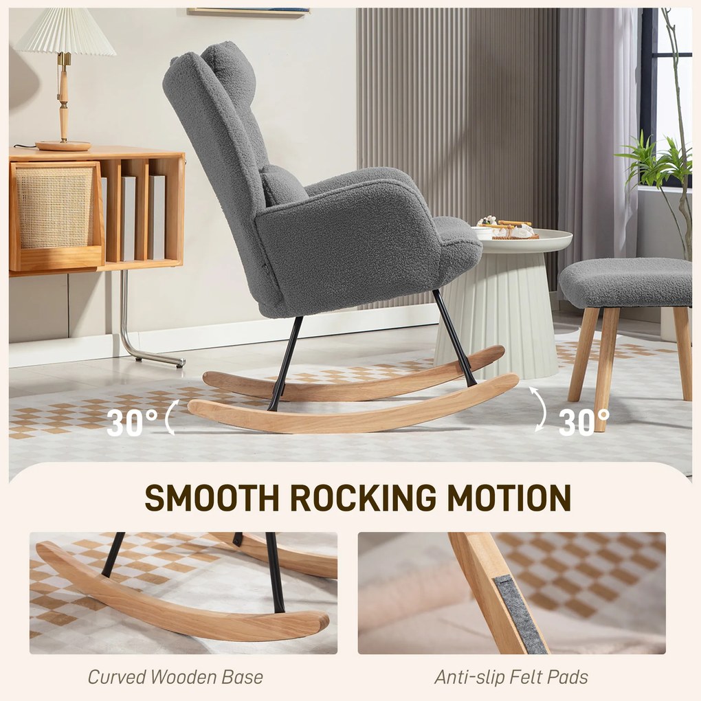 HOMCOM Fotel bujany z podnóżkiem, miękkie pokrycie polarowe, drewniane nogi, poduszka, wysokie oparcie, fotel bujany, ciemnoszary