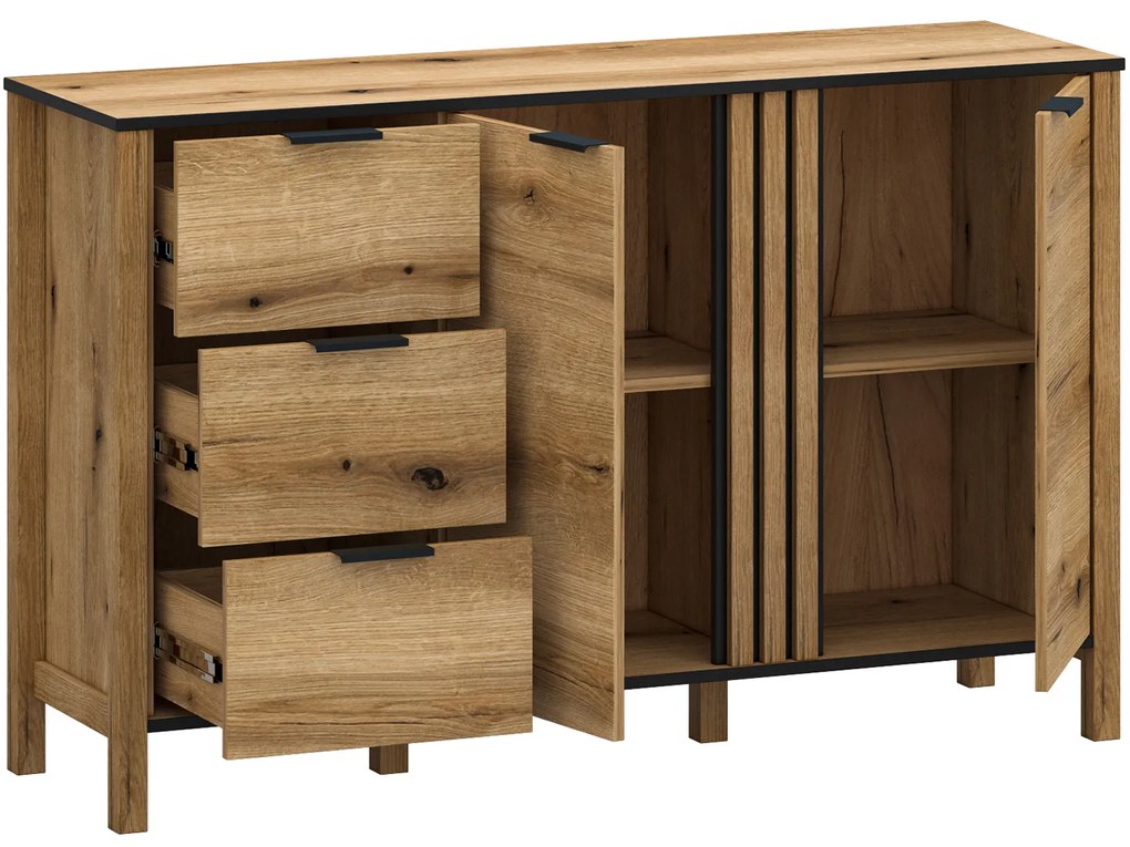 Komoda Dwudrzwiowa z Szufladami i Lamelami Drewniana do Salonu VERVE 138 cm Dąb Evok Klasyczna Loft