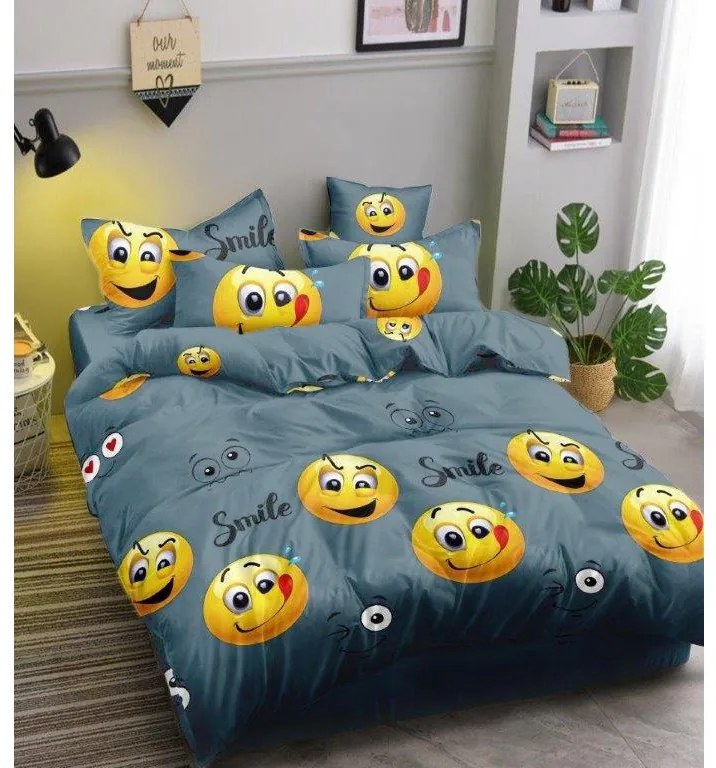 PrzytulneMieszkanie.pl PrzytulneMieszkanie.pl PrzytulneMieszkanie.pl Komplet pościeli z mikrofibry GŁODNY EMOTIKON szary + prześcieradło Jersey 90x200cm