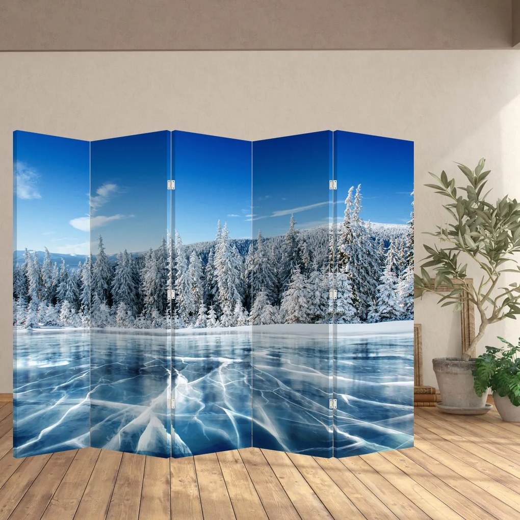 Parawan - Zamarznięte jezioro i pokryte śniegiem drzewa (210x170 cm)
