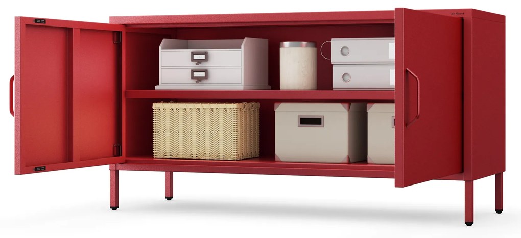 Szafka RTV metalowa na nóżkach czerwona, 1150x595x400 mm: ROSA Modern