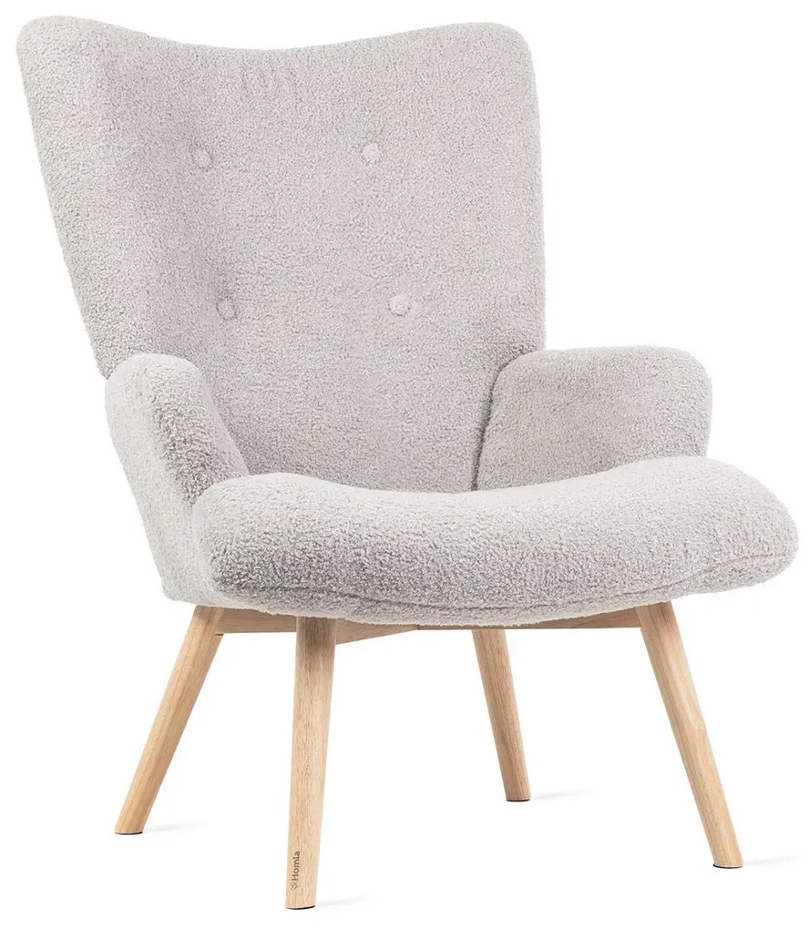 Fotel tapicerowany MOSS w tkaninie TEDDY BOUCLÉ jasnoszary HOMLA