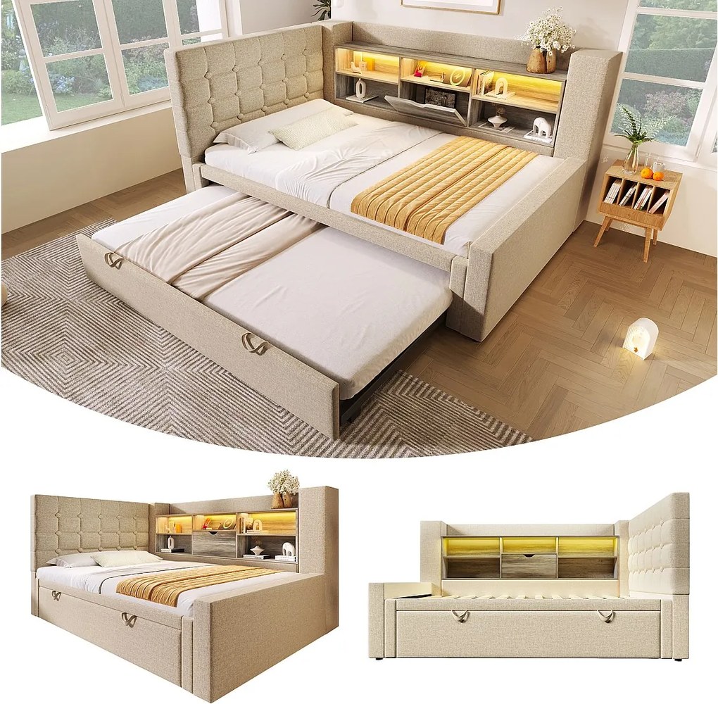 Łóżko tapicerowane 90 x 200 cm z wysuwaną sofą 90 x 190 cm - z oświetleniem LED + zagłówek ze schowkiem - len - beż