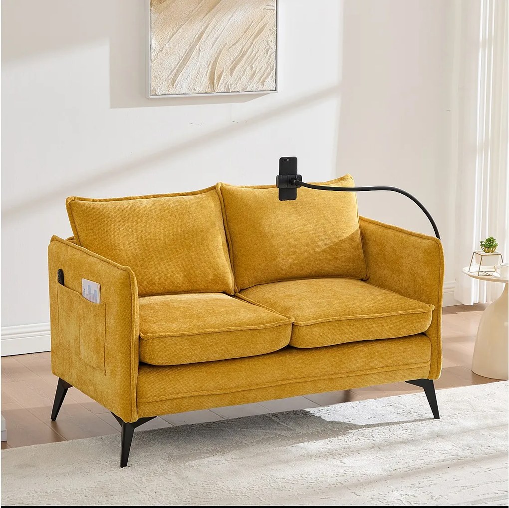 Żółta sofa 2-osobowa - z bocznymi kieszeniami i uchwytem na telefon - szenil - do salonu i sypialni