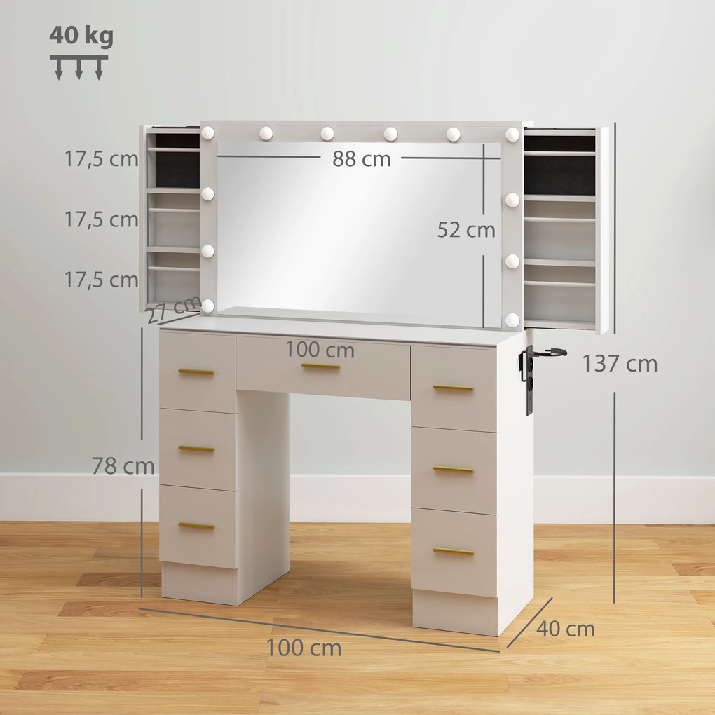 HOMCOM Toaletka z lustrem i 12 lampami LED, toaletka z 7 szufladami, 6 ukrytymi schowkami, płyta wiórowa, Biały
