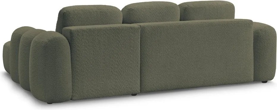 Zielony rozkładany narożnik z materiału bouclé ze schowkiem (prawostronny/z szezlongiem) Montaigne – Bobochic Paris