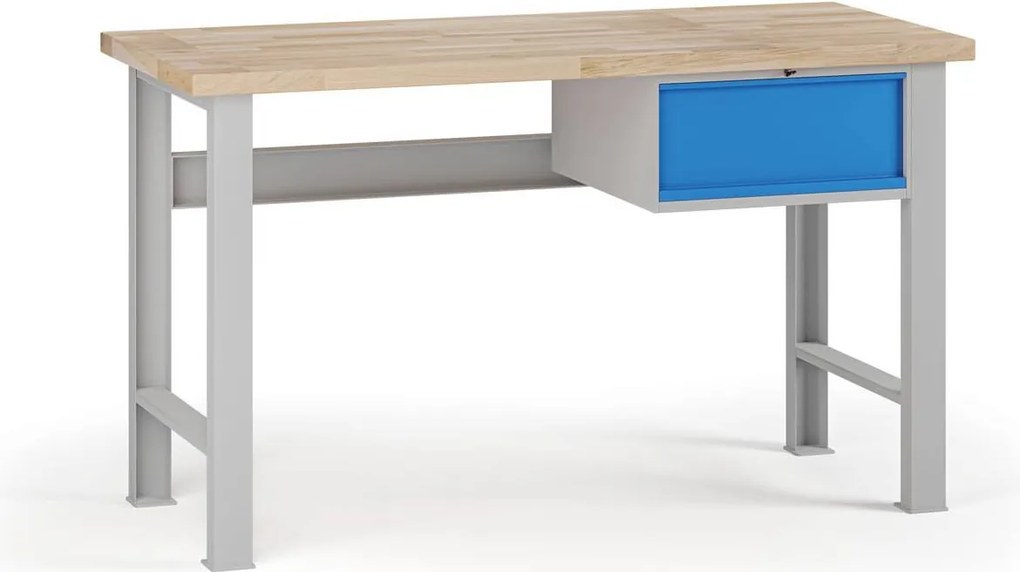 Stół warsztatowy G7, blat bukowy, 1500 x 800 x 840 mm, 1x kontener, 1x szuflada, niebieski