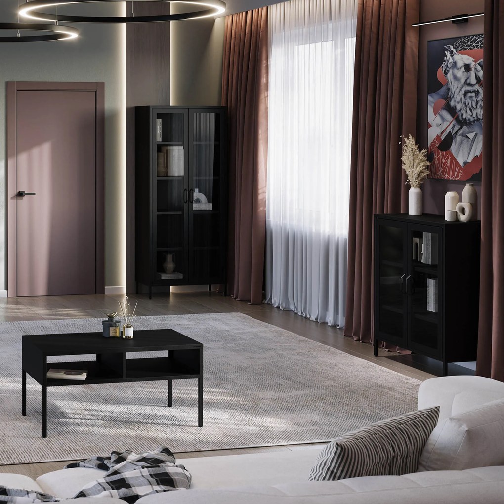 Witryna szklana do salonu metalowa czarna ANGELO Modern 800 x 1850 x 450 mm