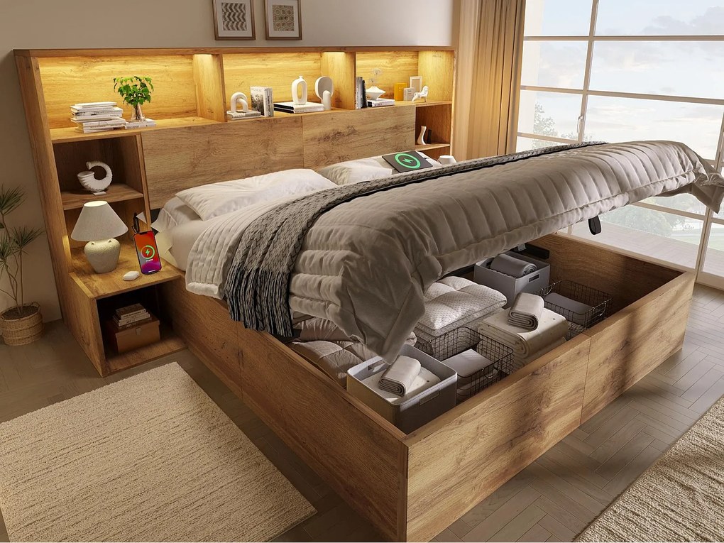 Łóżko z pojemnikiem dla dorosłych 180x200cm słoje drewna dębowego - z oświetleniem LED i portem USB-C - z wbudowanym stolikiem nocnym - z półką - kolor dębowy