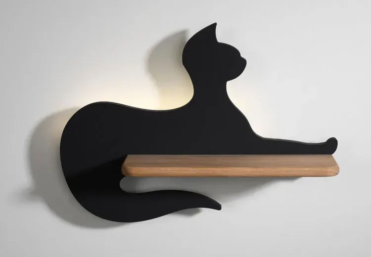 Czarna lampka led w kształcie kota z drewnianą półką - K003-Nuksi