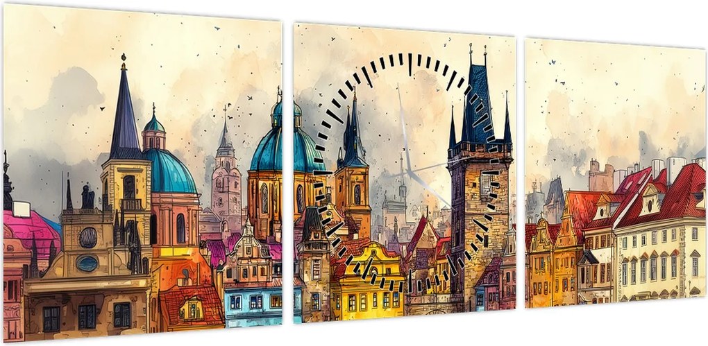 Obraz - Jesień w malowanym mieście (z zegarem) (90x30 cm)