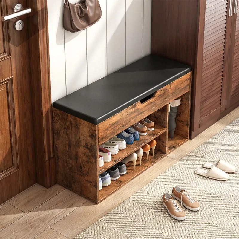 Przestronna szafka na buty z siedziskami do przechowywania 2 półki drewniane w stylu retro loft