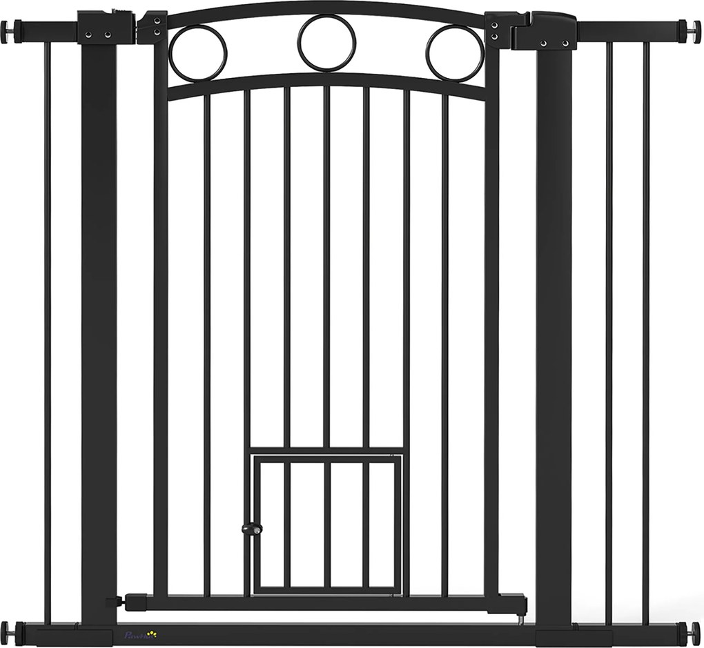 PawHut Bramka dla zwierząt, 96 cm, z regulowaną szerokością 76-104 cm, z drzwiczkami dla kota, do schodów i otworów drzwiowych, czarna