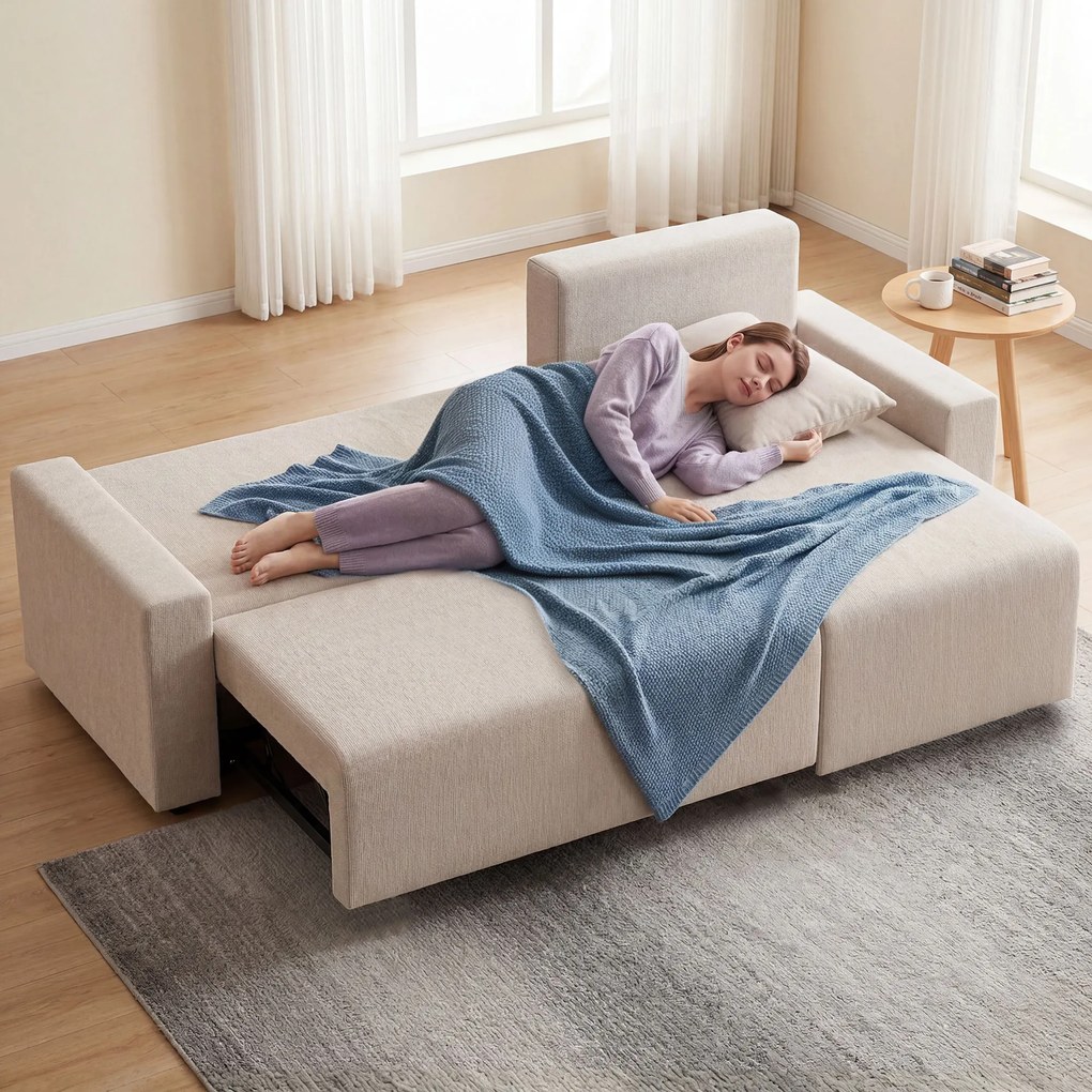 HOMCOM Narożnik z funkcją spania i odwracalnym szezlongiem, 3-osobowa sofa w kształcie L z efektem sztucznego zamszu, beżowy | Aosom PL