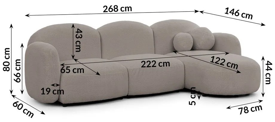 Szary narożnik z materiału bouclé (prawostronny/z szezlongiem) Orbit – Ropez