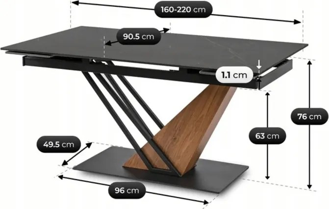 Stół Rozkładany Prostokątny REX 160-220 cm Ceramiczny Czarny Marmur/Dąb do Jadalni Nowoczesny Loft