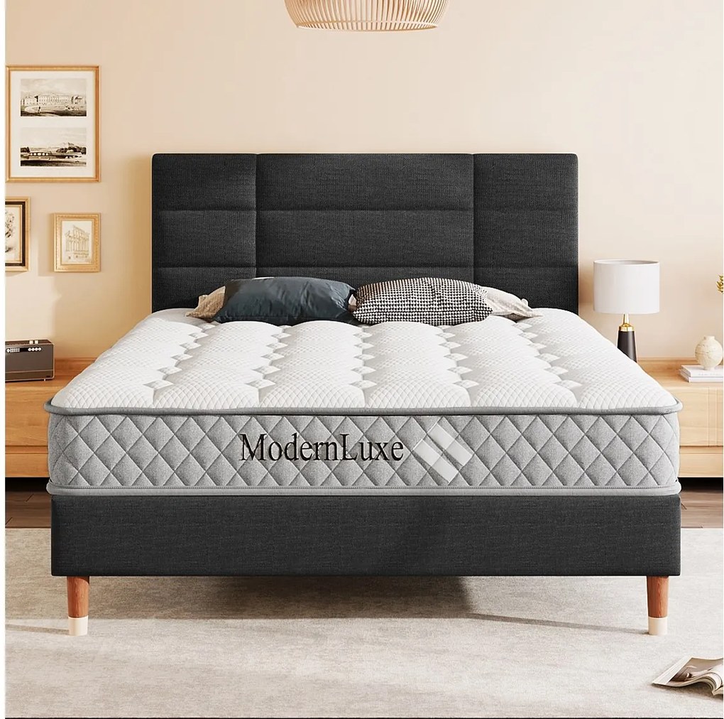 Łóżko tapicerowane dwuosobowe - 140 x 200 cm - z zagłówkiem + stelażem - len - czarne (z materacem)