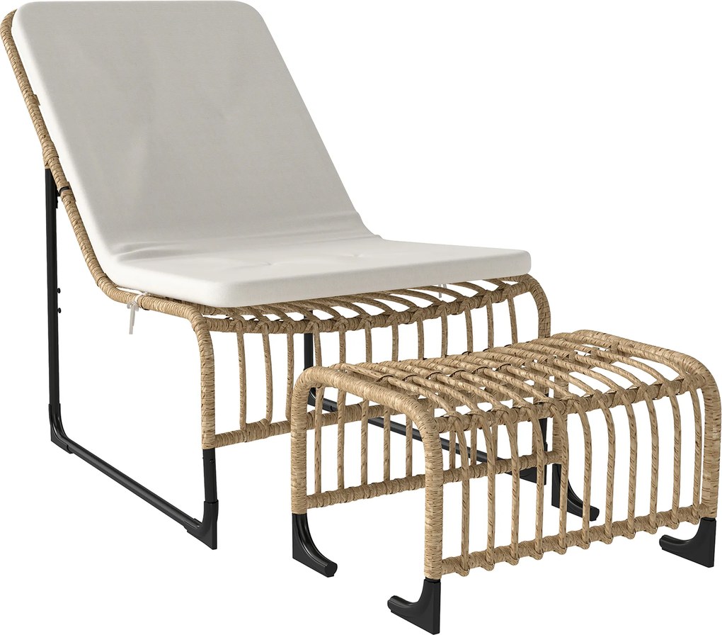Outsunny Rattanowy Fotel Relaksacyjny z Podnóżkiem Odporny na UV, z Poduszką, 65 x 93 x 80 cm, Kolor Drewna Naturalnego