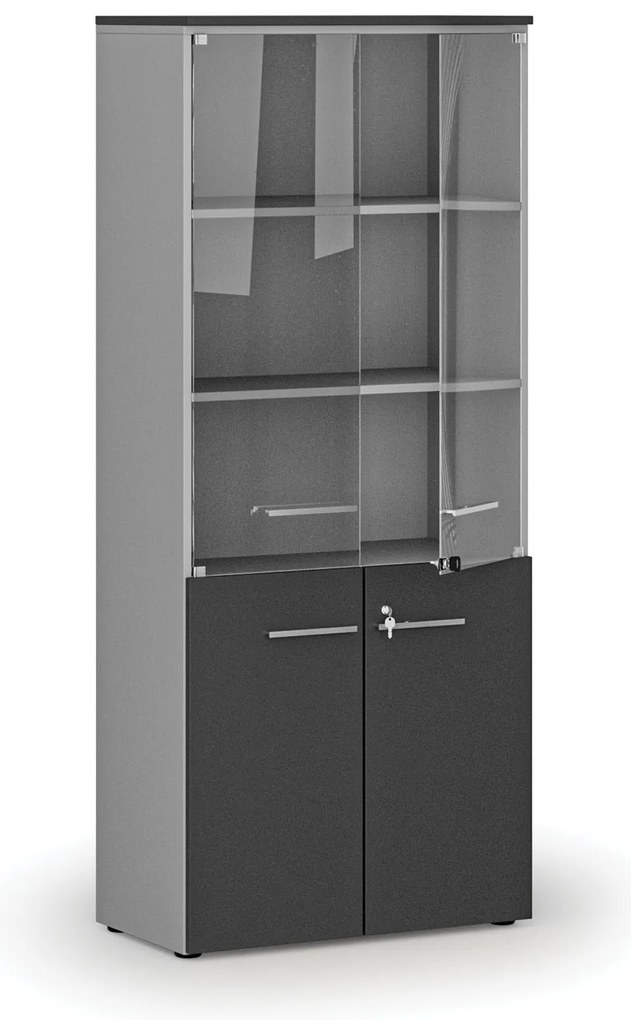 Szafa biurowa kombinowana z drzwiami drewnianymi i szklanymi PRIMO GRAY, 800 x 420 x 1781 mm, szary/grafit