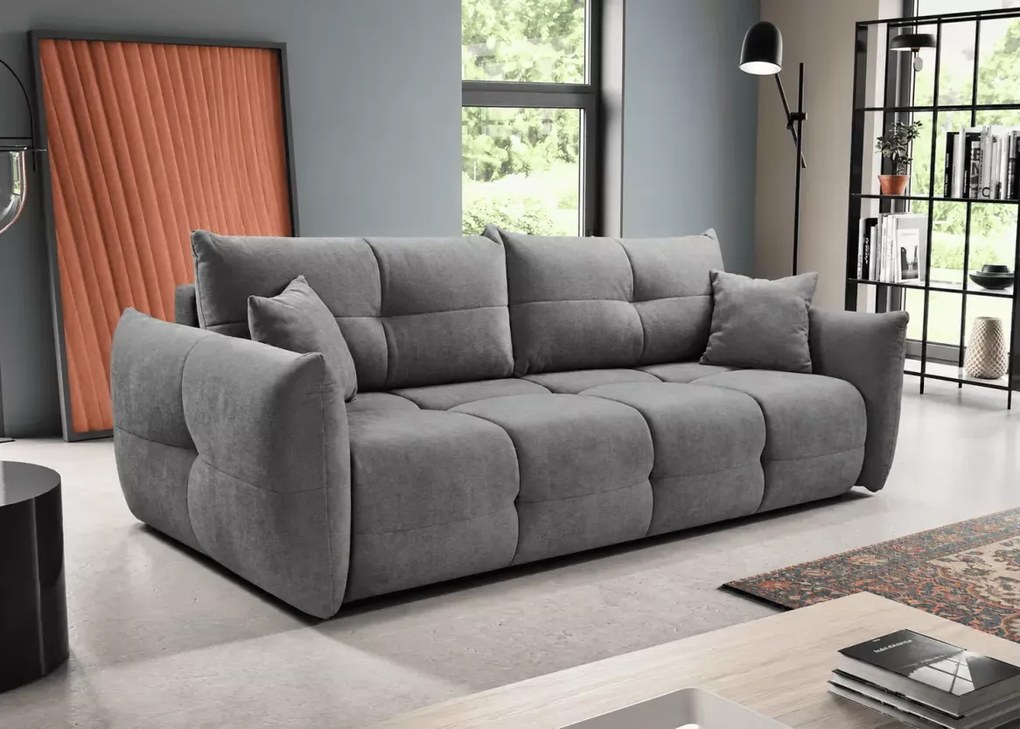 Kanapa Tetrin – nowoczesna sofa z funkcją spania, pojemnikiem na pościel i poduchami oparciowymi