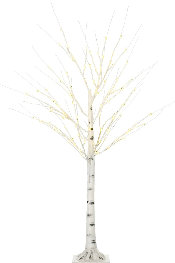 HOMCOM Sztuczna Brzoza z LEDami, Elastyczne Gałęzie, Plastik i Metal, 150 cm, Biały