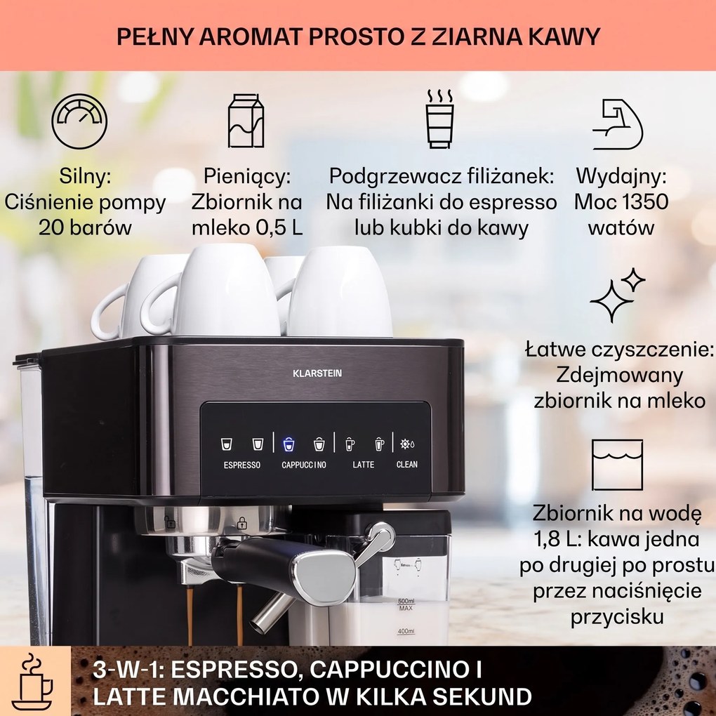Klarstein Arabica 1350W 20bar Ekspres Kolbowy Czarny