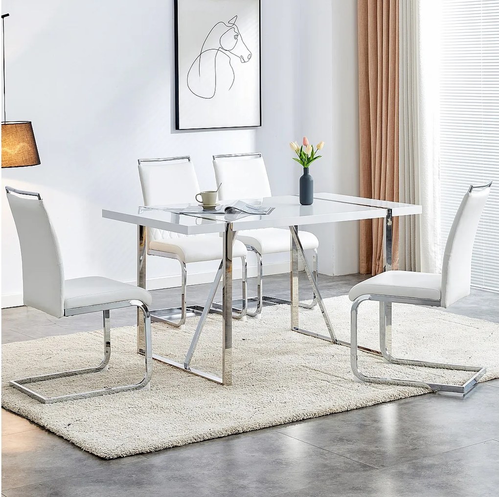 Zestaw 4 krzeseł do jadalni - Biała sztuczna skóra i len - Tapicerowane oparcie - Srebrne nogi