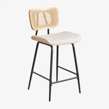 Zestaw 2 Wysokich Stołków Z Drewna, Rattanu I Skóry Ekologicznej Raysa Naturalna & ↑65 Cm & Sztucznej Skóry Distressed White - Sklum