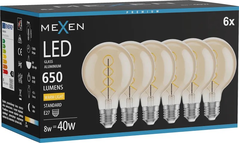 Mexen Vintis 6x żarówka filament spirala LED E27, G80, 8W, Ciepła - 2700K, 650 lm, amber - L165-E27-0827-50x06