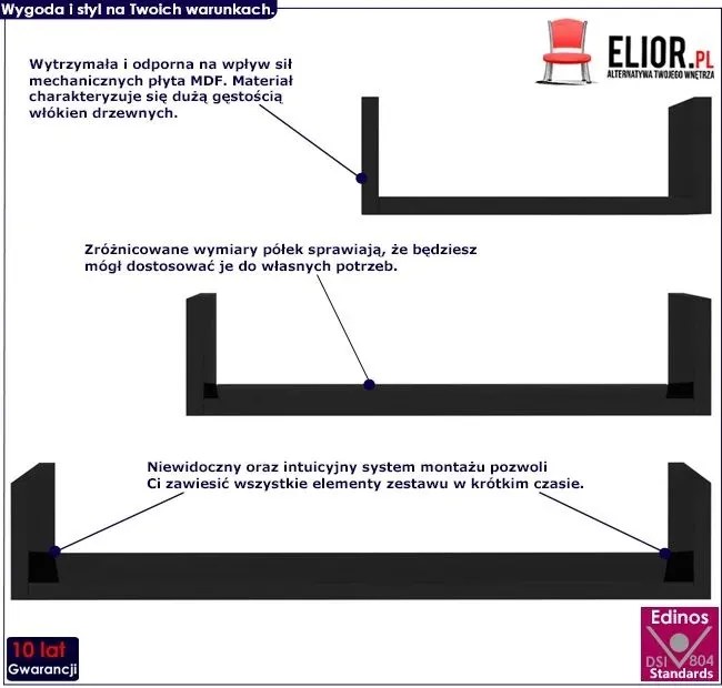 Zestaw czarnych półek ściennych z połyskiem - Baffic 3X