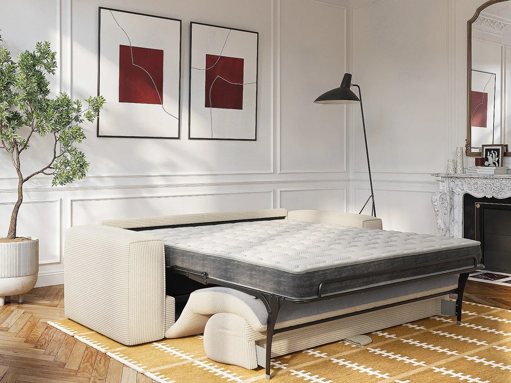 Kanapa  3-osobowa rozkładana, z beżowego weluru - Materac 16 cm z pamięcią kształtu POGNIA