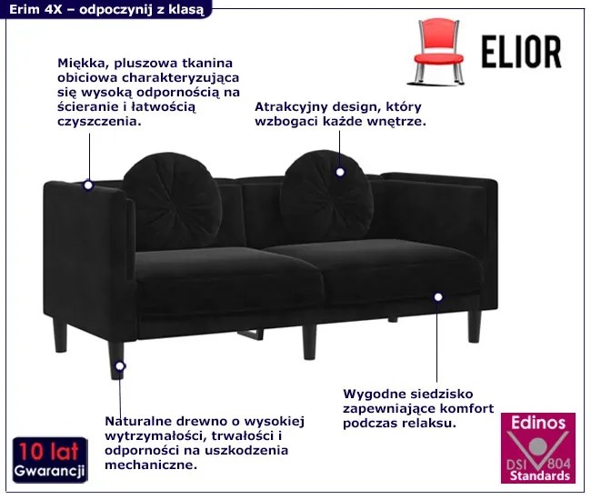 Czarna sofa 2-osobowa z poduszkami Celinda 2X