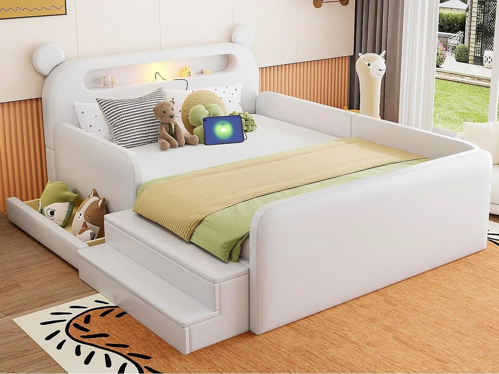 Tapicerowane łóżko dziecięce 140x200 cm - z wezgłowiem misia - z oświetleniem - z portem ładowania USB - biały​ (materac nie jest wliczony w cenę)