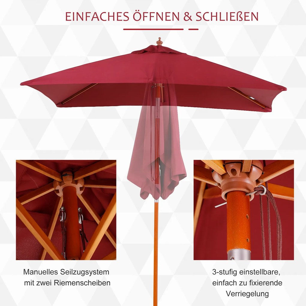 Outsunny Parasol Ogrodowy Zginany Czerwone Wino Drewno Poliester 3Stopniowa Regulacja 200x150x230cm | Aosom PL