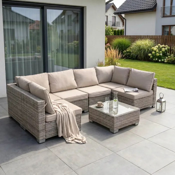 Zestaw Mebli Ogrodowych COLUMBUS Szary Modułowy Sofa Fotele Stolik Tarasowy Technorattan Nowoczesny