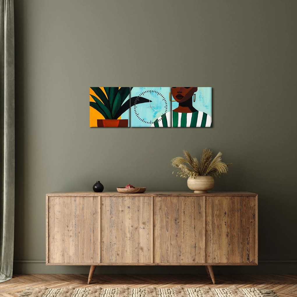 Obraz - Kobieta z kwiatem (z zegarem) (90x30 cm)