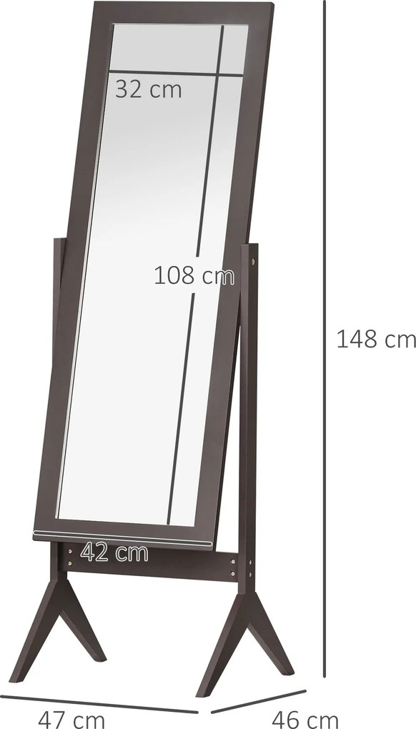 Homcom® lustro stojące duże do makijażu podwyższone nóżki łatwe czyszczenie mdf kawowy 47 x 46 x 148 cm