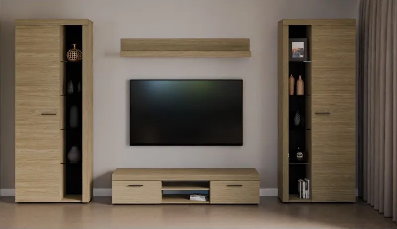 Meblościanka do salonu TUMBA z witrynami i szafką RTV | LED | 4 kolory