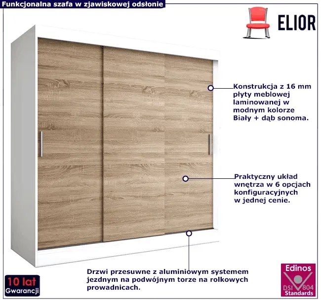 Szafa przesuwna 200 cm biały + dąb sonoma - Erco 6X