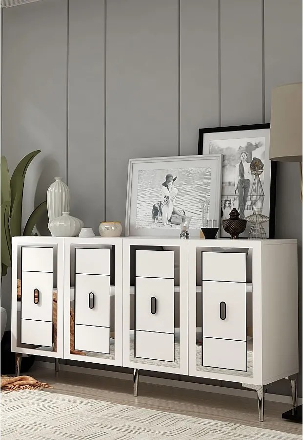 Komoda – 150 cm x 75 cm x 35 cm – biało-srebrna – MDF